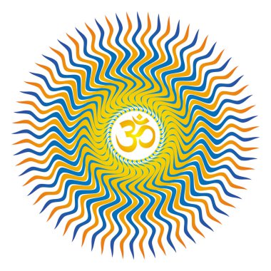 Mandala 'nın açılışı. Turuncu ve mavi renkler. Merkezde Aum / Om / Ohm 'u imzala. Ruhsal esrarengiz sembol. Vektör grafik sanatı.