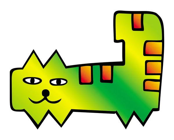 Cartoon Lustige Zeichnung Färbung Katze Auf Weißem Hintergrund Grün Gelb — Stockvektor