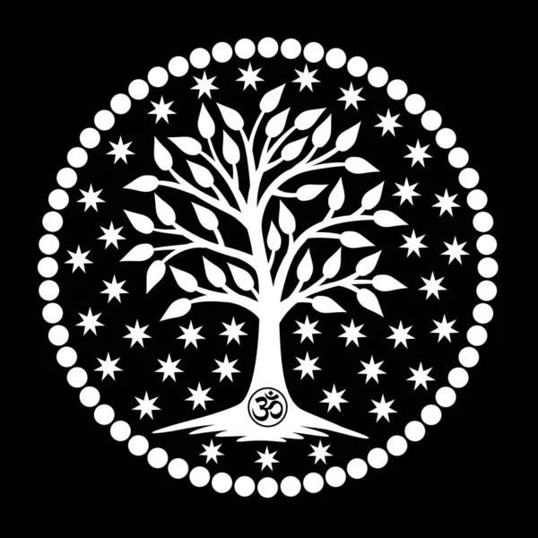 Mandala 'nın merkezindeki hayat ağacı. Siyah ve beyaz renkler. Ruhani sembolik sembol. Vektör sanatı grafiği.