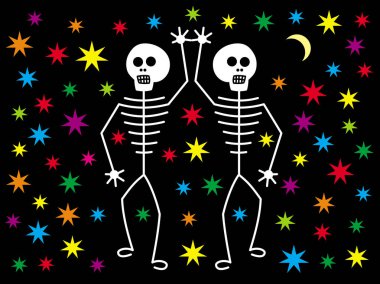 Renkli yıldızların ve ayın arka planında iki beyaz insan iskeleti. Cadılar Bayramı dehşeti. Vektör sanatı grafiği.