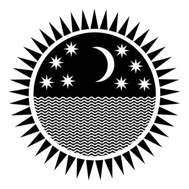 Yıldızlı gökyüzü, güneş mandala 'sının ortasında ay ve deniz. Sembol çizimi, logo, logoti. Vektör grafik sanatı.