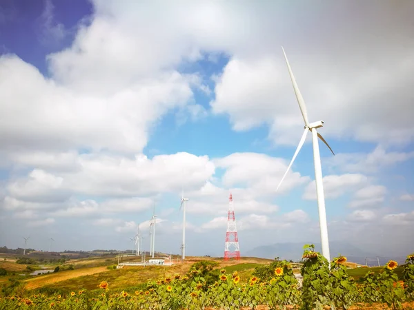 Champ Éoliennes Électricité Pour Générer Énergie Alternative Avec Ciel Bleu — Photo