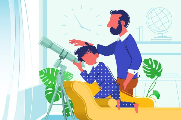 Father and son look at telescope — Stock Vector