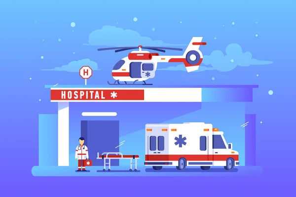 Edificio del hospital con coche ambulancia y helicóptero — Archivo Imágenes Vectoriales