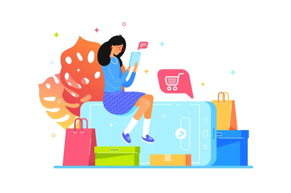 Chica compra en línea con el teléfono inteligente, compras web — Vector de stock