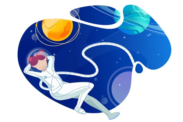 Kvinna astronaut slappnar i rymden. — Stock vektor