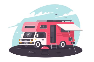 Karavan üzerinde dinlenme, otopark, Barbekü ile temiz hava.