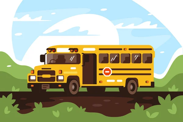 Lege bus van de school op reis, uitstapje. — Stockvector