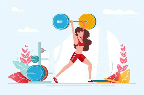 Подъемная девочка занимается спортом с большим весом . — стоковый вектор