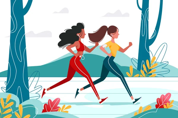 Correr chicas jóvenes en el bosque con auriculares . — Archivo Imágenes Vectoriales