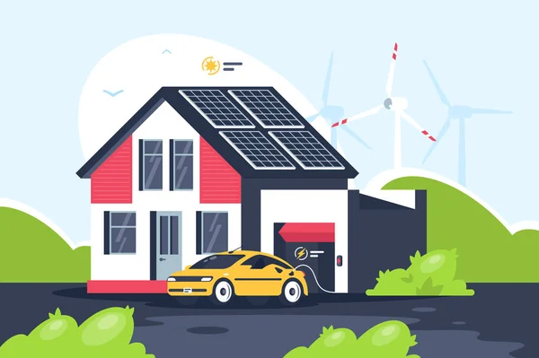 Casa ecológica inteligente com carro elétrico . — Vetor de Stock