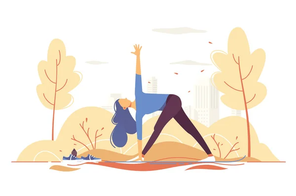 Ung flicka gör yoga i en park på stad bakgrund. — Stock vektor