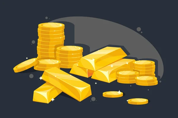 Lote de barras de ouro e moedas . — Vetor de Stock