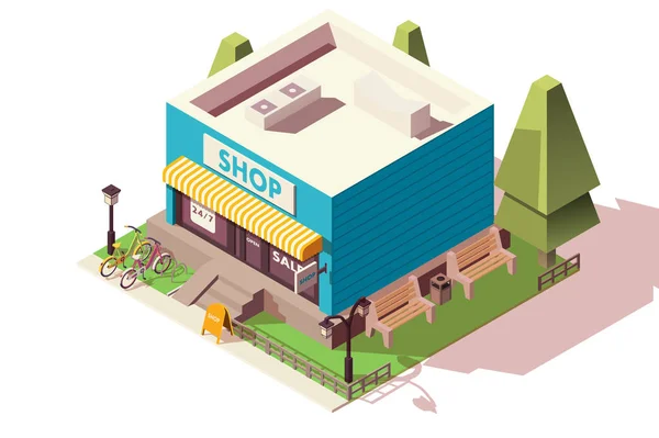 Gran tienda, supermercado con aparcamiento para bicicletas y setos . — Vector de stock
