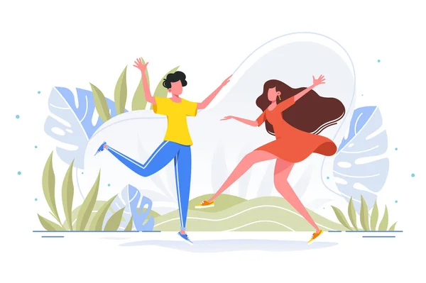 Amigos bailan y disfrutan juntos en ropa casual en la naturaleza, bosque, parque . — Vector de stock