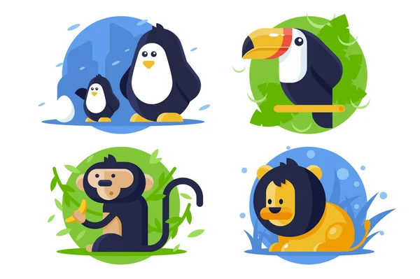 Establecer animales icono con león, pingüino, mono, tucán . — Vector de stock