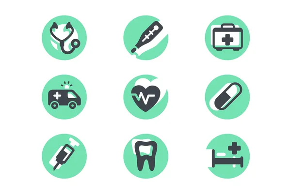 Set icons with medical selection, supplies, pills. — Stock Vector