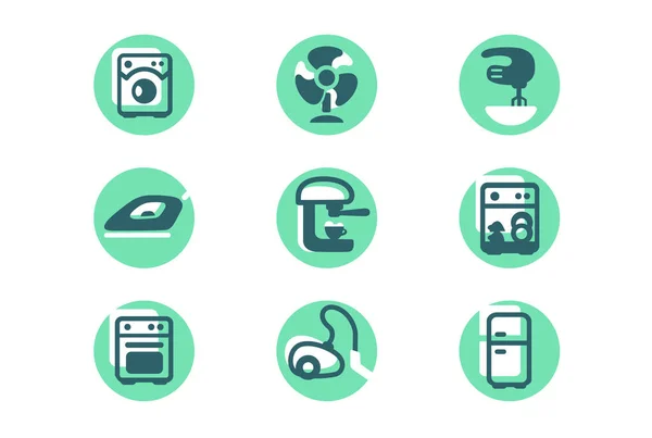 Set icone con elettrodomestici, frigorifero, lavatrice, aspirapolvere, forno, miscelatore, ventilatore . — Vettoriale Stock