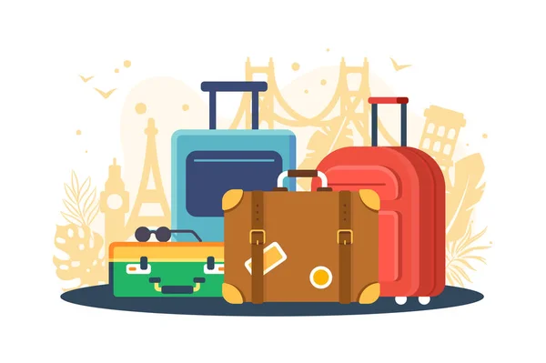 Flat set suitcases on background of attractions. — Stock Vector