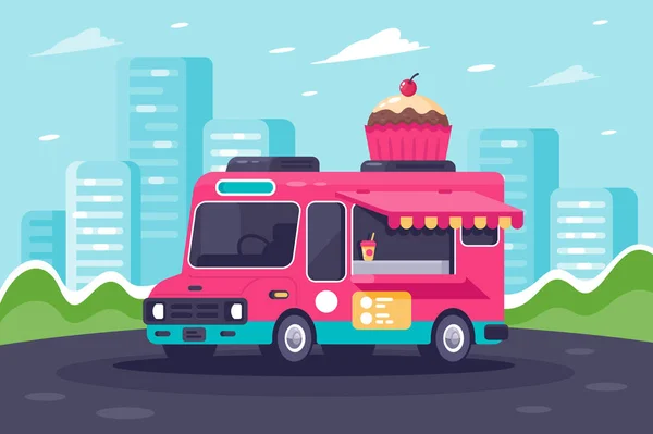 Плоский міський фургон з цукерками, тортами та морозивом . — стоковий вектор