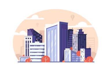 Kentsel modern megapolis gökdelen ve ağaç.