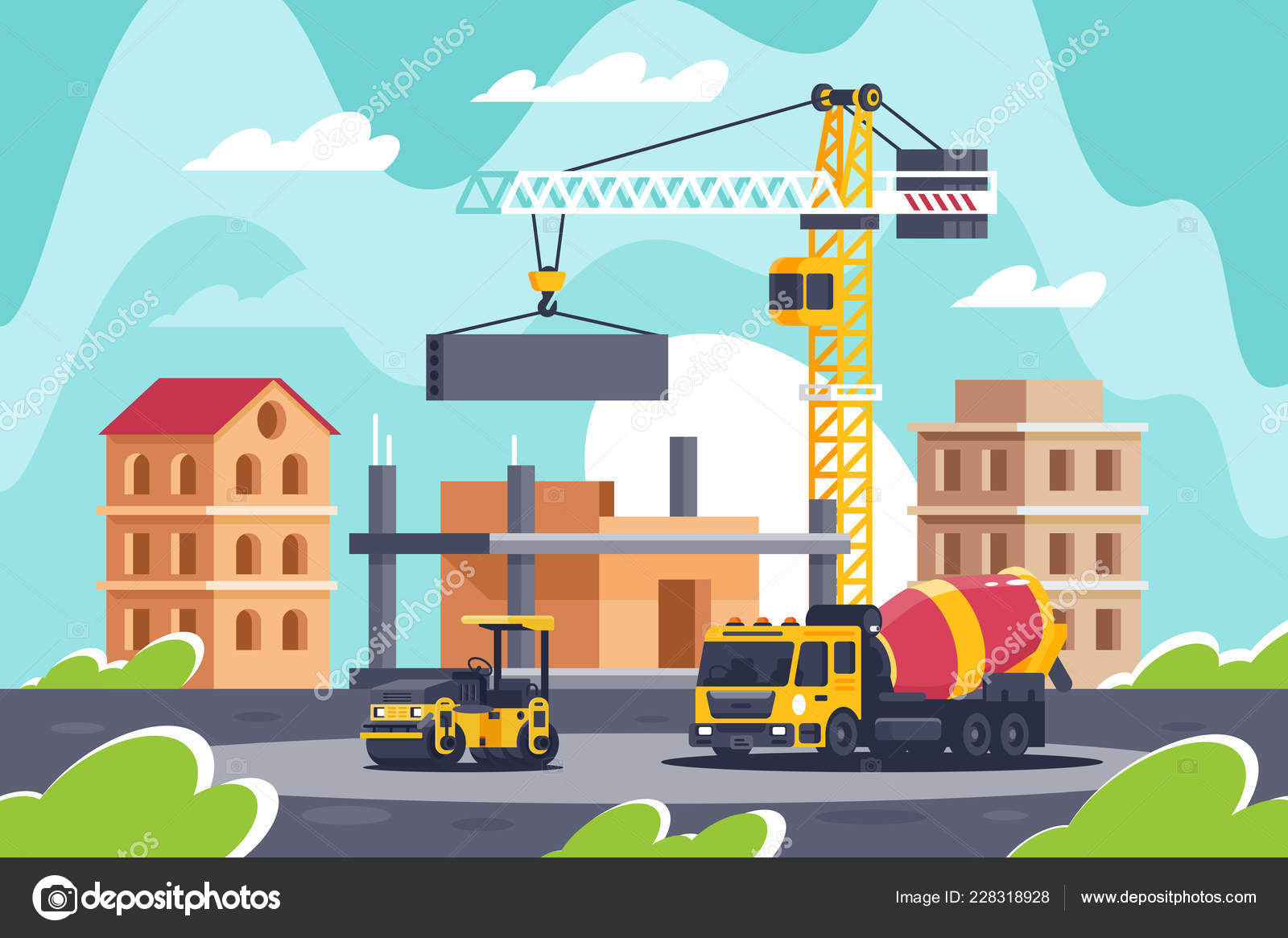 Construction of big building with heavy machinery, concrete mixer, road  roller, crane. Stock Vector Image by ©Filata_nata #228318928