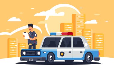 İnsanlar şehir arka plan üzerinde korunması için polis memuru ile kentsel modern sedan polis arabası.