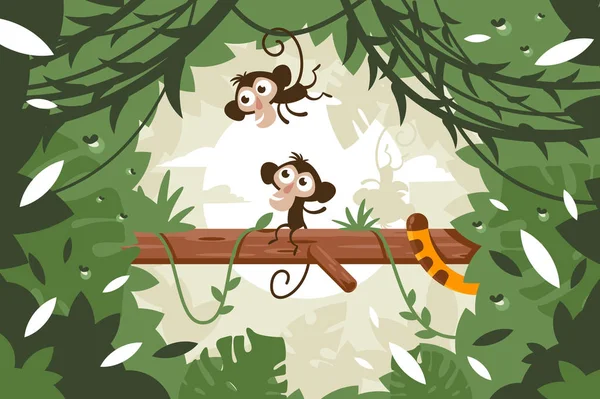 在丛林中的植被和老虎尾巴之间的树上可爱的猴子. — 图库矢量图片