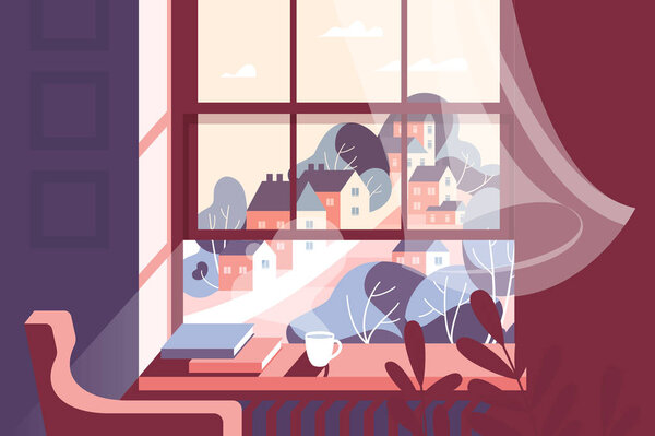 Window with cup of hot drink and books on windowsill against background of city.