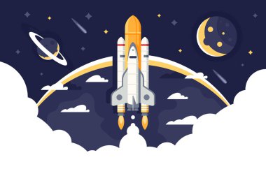 Uzay mekiği alır kapalı, Dünya'dan roket içine alan ve yıldızlar arasında uçuşlar.