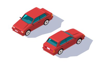 İzometrik 3d dört koltuklu kırmızı klasik sedan araba aile için.