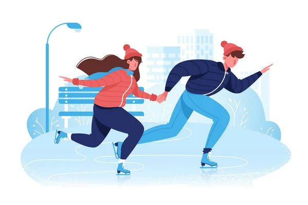 Плоская пара в зимней одежде катается на коньках по льду в парке . — стоковый вектор