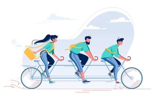 Equipo con mujer joven, hombre con barba y estudiante en bicicleta . — Vector de stock