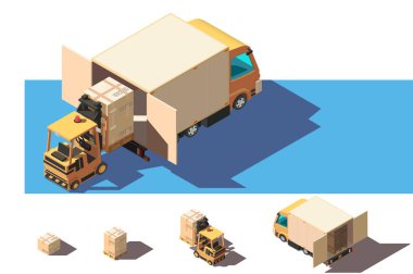 İzometrik 3d forklift ve'dır taşıma kutusu ile sevk irsaliyesi kamyon ayarla.