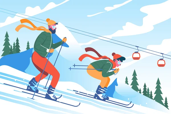 Молодой человек отец с бородой катается на лыжах с сыном в горах . — стоковый вектор