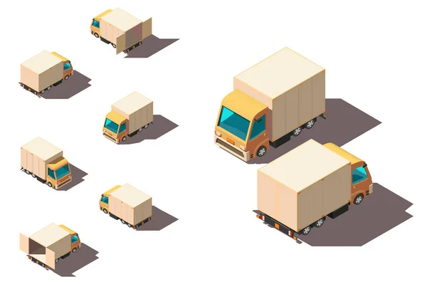 Serie isometrica 3d piccolo camion di spedizione per la consegna in movimento . — Vettoriale Stock