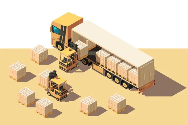 Isometrische 3d verzending truck met heftruck en doos voor het bewegen van levering. — Stockvector