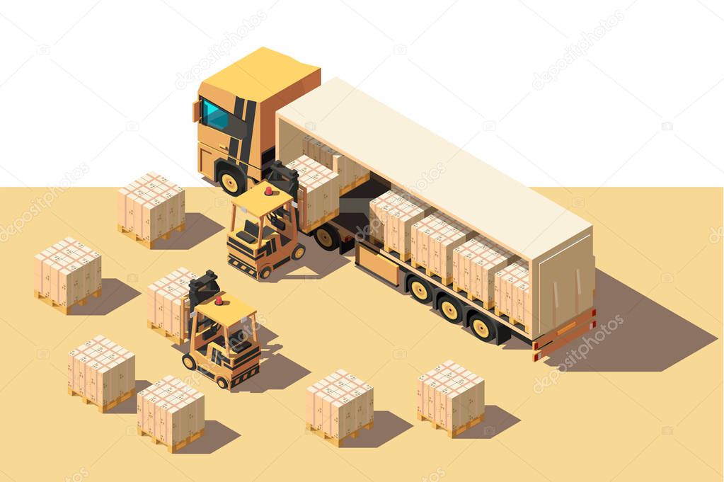 Isometric 3d shipment truck with forklift and box for delivery moving.