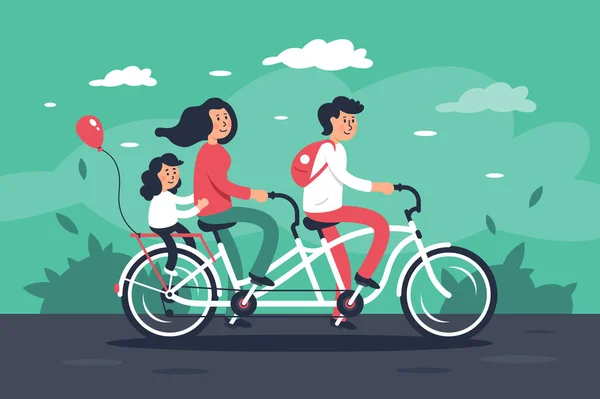 Rodina s mladou ženou, muž s taškama, dítě dívka na koni na kole. — Stockový vektor