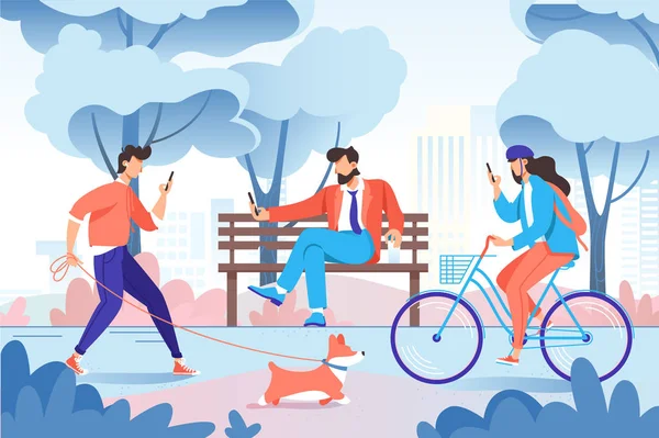 City park z relaksu osób z cellphone, pies na ławce, rower. — Wektor stockowy