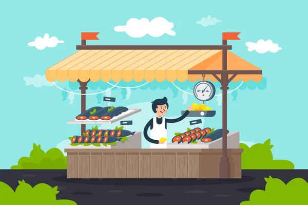 平街鱼摊位与海鲜, 柠檬, 绿色和卖家男子. — 图库矢量图片