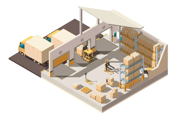 Isometrisches 3D-Lager mit Parkplatz, Lieferwagen, Gabelstapler und Lieferkiste. — Stockvektor