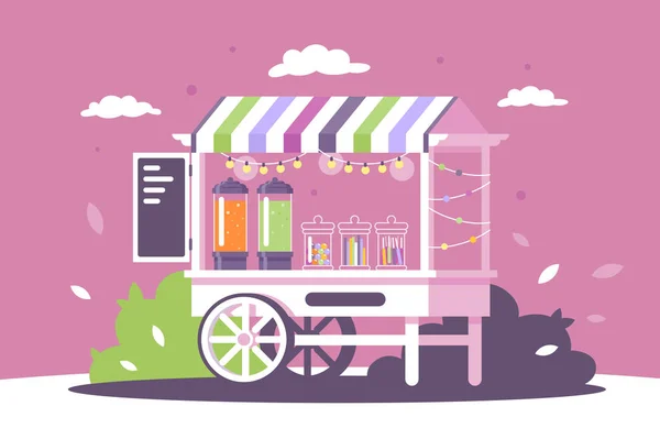 Плоский вуличний магазин солодощів стоїть з меню і ласощами . — стоковий вектор