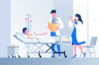 Doktor ve hemşire hastanede Damlalık ile düz hasta genç kişi yatıyor.
