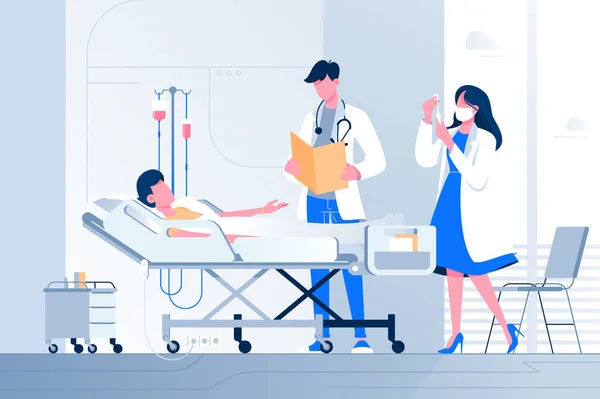 Plochá mladá nemocného leží s kapátkem poblíž lékař a zdravotní sestra v nemocnici. — Stockový vektor