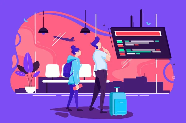 Ehepaar am Flughafen wartet auf Flug. — Stockvektor