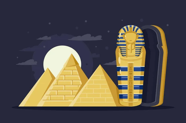 Flat night ancient Egypt with pyramids, moon and Pharaoh s sarcophagus. — Stock Vector