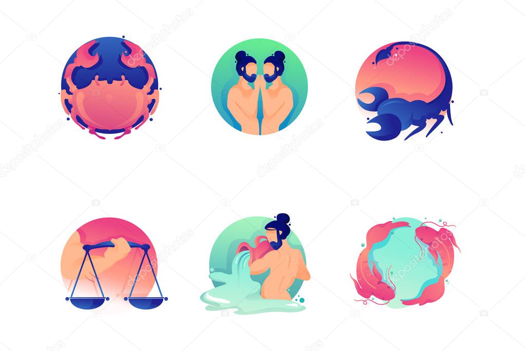 Set flat icons zodiac with virgo, libra, pisces, twins, scorpio and crab.