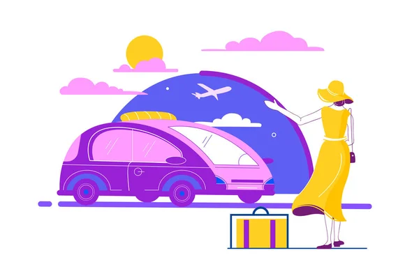 Flat beautiful young woman with luggage, summer yellow dress waiting for taxi. — Stock Vector