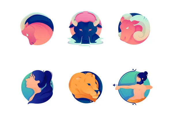 Flat set cartoon zodiac icons with bull, lion, virgo, ram, aries, taurus.